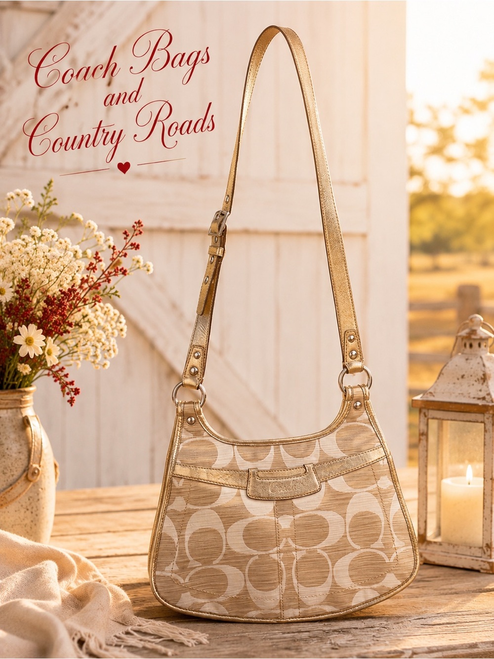 Vintage 2008 Coach Signature C Linen Jacquard Gold Crossbody Shoulder Bag